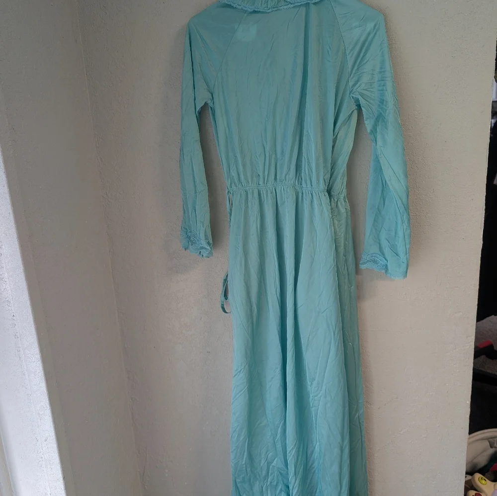 Julie Two Vtg Teal Aqua Ruffled Housecoat Robe S Pockets Lace 80s 90s Coquette